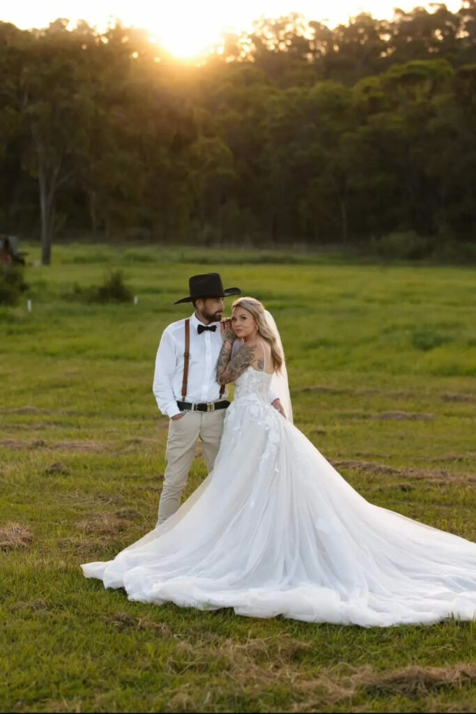 Country wedding portrait at sunset at The Salty Lime Co