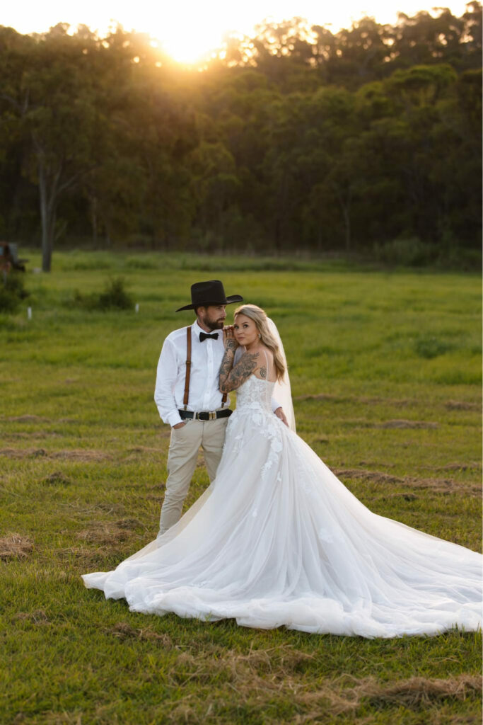 Country wedding portrait at golden hour