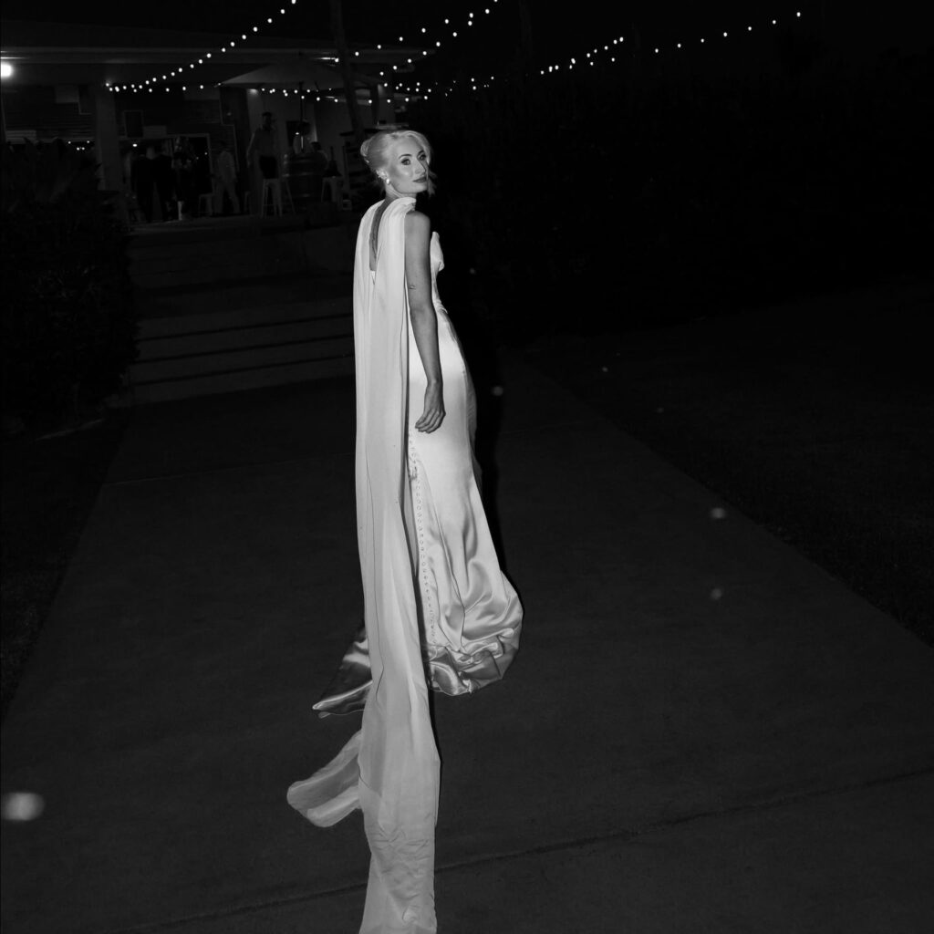 Black and white bridal portrait overlooking the lake